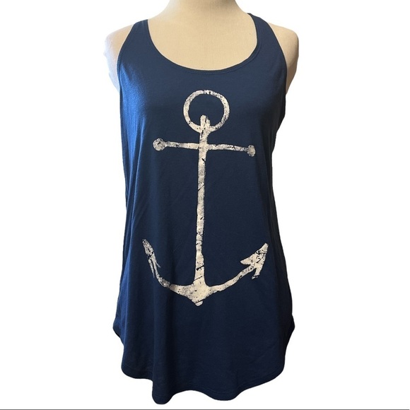 Blue tank top with anchor, longer front and back than sides - Picture 1 of 9